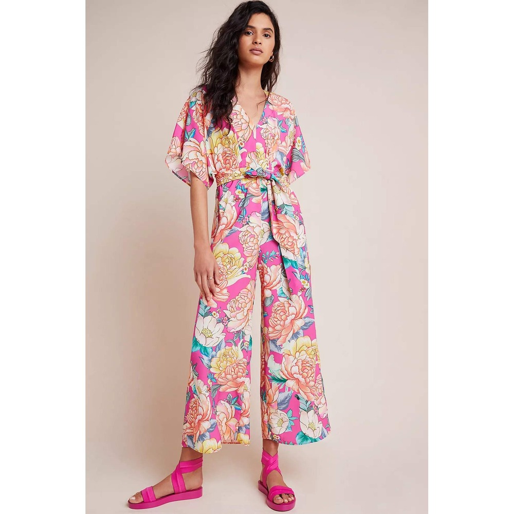 Farm Rio for Anthropologie Eulalie Wide-Leg Jumpsuit Pink Floral L NWT V Neck